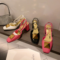 High end self-leaving ~ net red large rivet lacquered leather coarse heel empty single shoe temperament high heel sandal sandal womens fashion