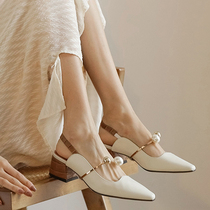 ins niche design self-retaining super beautiful pearl thick leather back empty bag head sandals middle heel pointed womens shoes