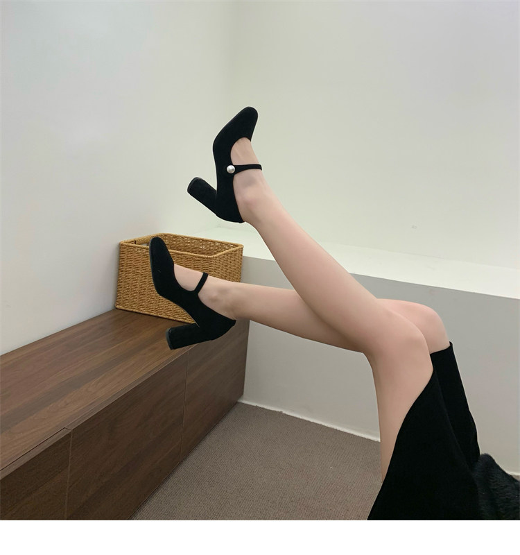 Туфли Мэри Джейн 店主自留~！小众珍珠一字扣带粗跟单鞋法式高跟赫本鞋玛丽珍鞋女