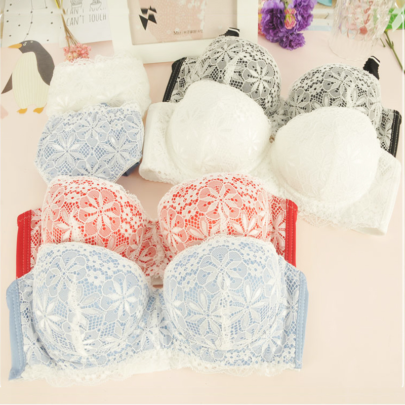 Summer sexy lace 1 2 half cups comfortable small chest thick gathered adjustable bra girl underwear underwear set