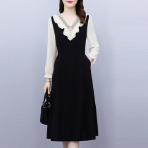 Style Collision Color Dress Career Autumn Winter Big Code Fat Mm Temperament Cashew Trendy Casserole can salt sweet black dresses