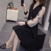 Super-fairy gas early autumn covered meat mesh yarn splicing black dress High cold Van woman dress Big code Fat mm Belly Dress Sweet dress