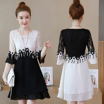 Micro fat mm loose summer dress large size womens slim lace stitching dress seven-point bell sleeve chiffon A- line dress