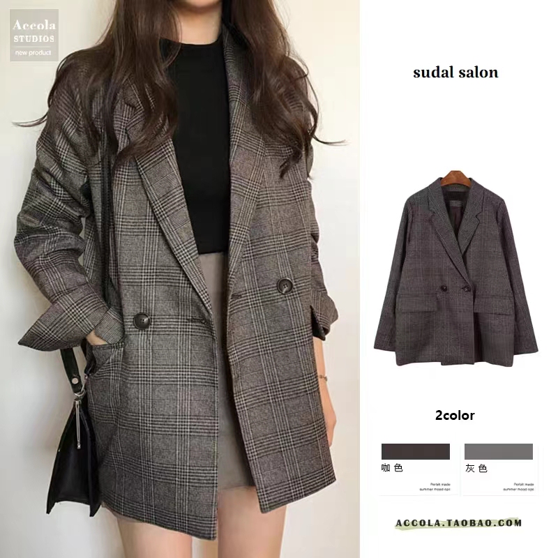 Korean Chic Early Autumn Retro Simple Plaid Lapel Two-Button Loose Double-Pocket Long-Sleeve Blazer Jacket for Women