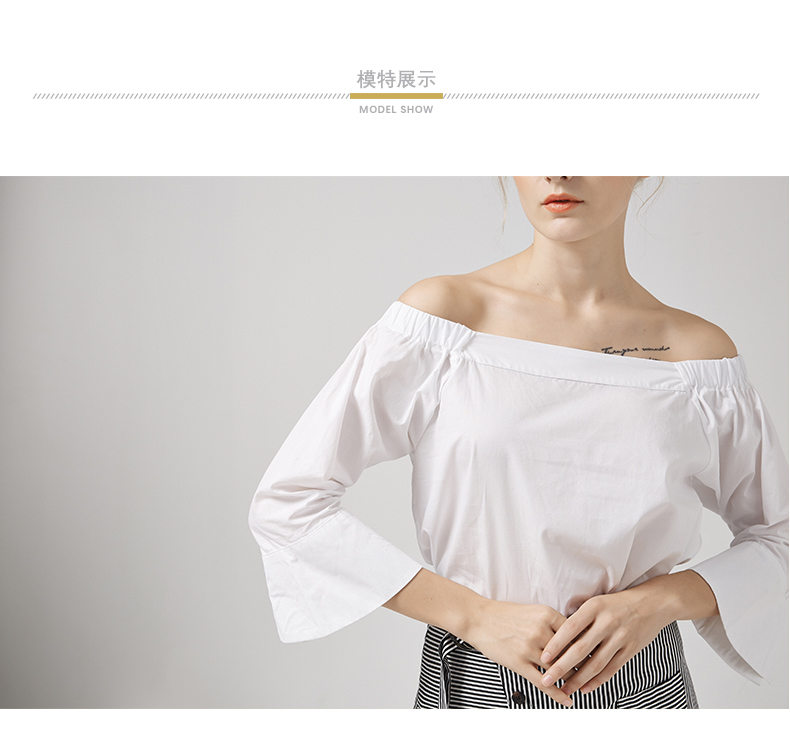 LUIMINE2018 mùa xuân và mùa hè mới áo cotton trắng cổ áo sơ mi nữ lệch vai tay áo kèn - Áo sơ mi sơ mi nữ đẹp