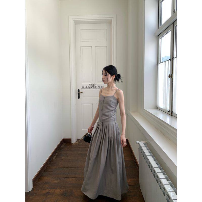 【Buy Three Get One Free】Galaxy Tears Plain Dress Strap Dress Elegant Pleated Skirt Long Skirt with Wide Hem