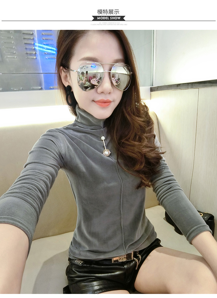 Áo sơ mi châu Âu mới chạm đáy áo mùa thu đông thời trang nhung vàng mỏng dài tay áo thun nữ nửa cổ áo sơ mi nhỏ áo sơ mi thủy triều áo thun cotton nữ