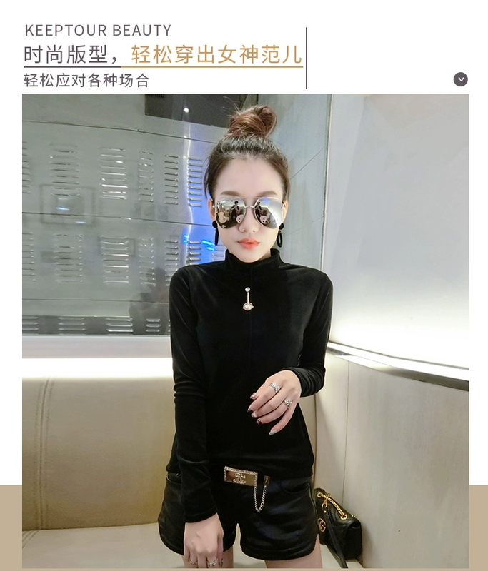 Áo sơ mi châu Âu mới chạm đáy áo mùa thu đông thời trang nhung vàng mỏng dài tay áo thun nữ nửa cổ áo sơ mi nhỏ áo sơ mi thủy triều