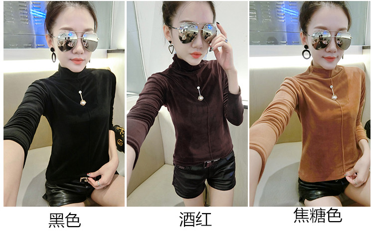 Áo sơ mi châu Âu mới chạm đáy áo mùa thu đông thời trang nhung vàng mỏng dài tay áo thun nữ nửa cổ áo sơ mi nhỏ áo sơ mi thủy triều áo thun cotton nữ