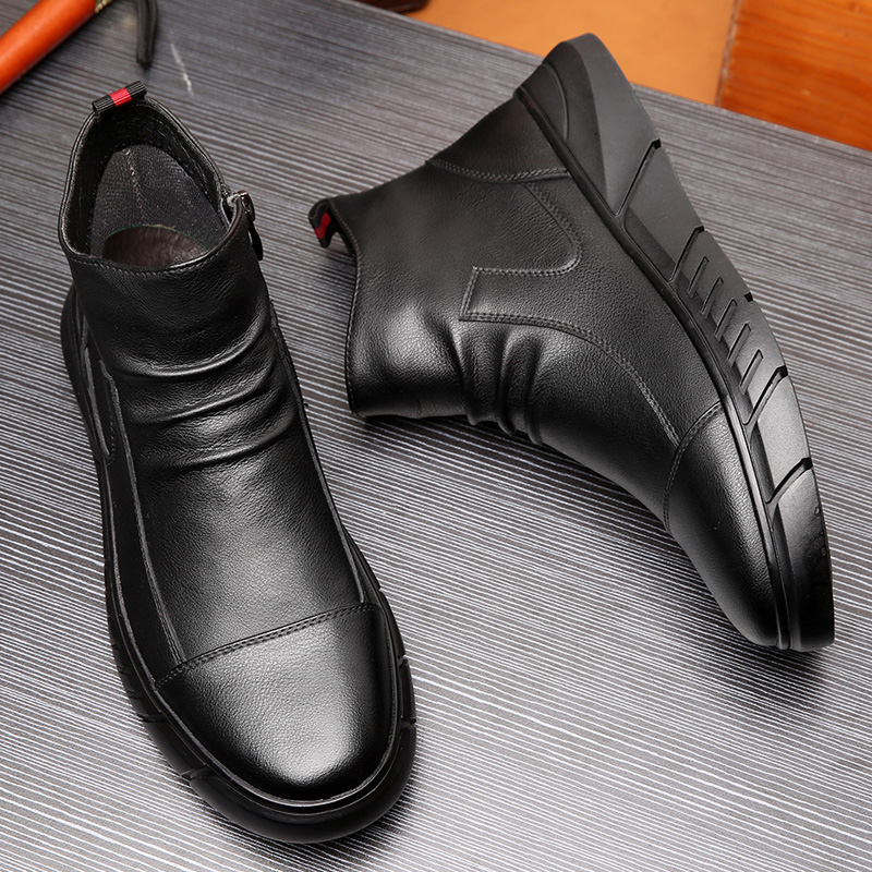 Autumn men's high-top shoes Korean version of the trend leather side zipper men's leather low-top Martin boots in the tube plus velvet to keep warm