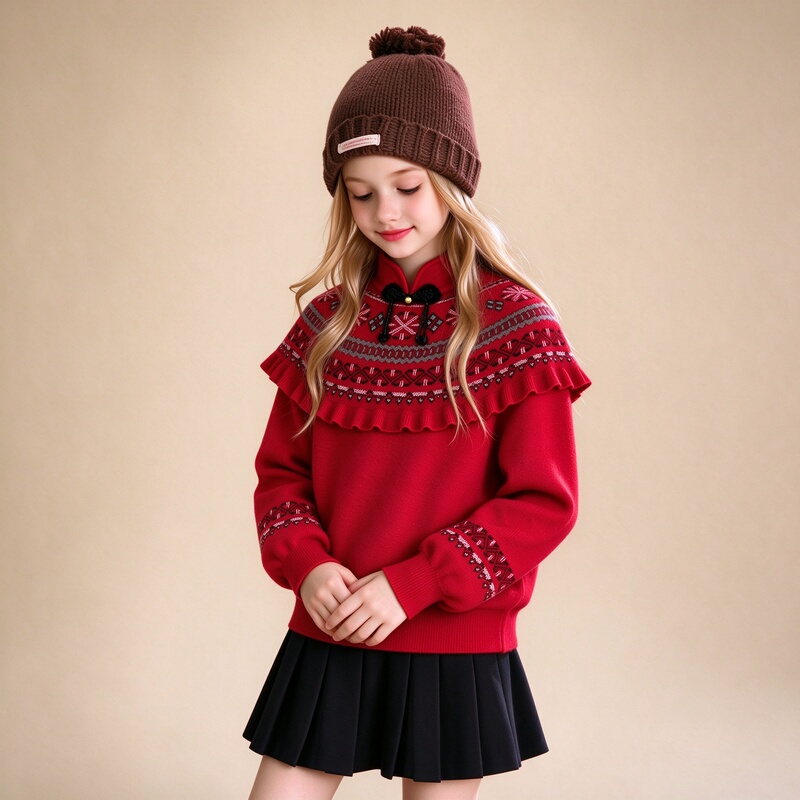 Fairy Island Style Girls' New Chinese-Style Red Sweater Set for Autumn and Winter, Traditional Chinese-Style Buttoned Knitwear for Older Children, New Year Outfit Fairy Island Style Girls' New Chinese-Style Red Sweater Set for Autumn and Winter, Traditional Chinese-Style Buttoned Knitwear for Older Children, New Year Outfit
