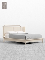 Modern simple log rattan bed model room club hotel bedroom minimalist solid wood double bed wedding bed customization