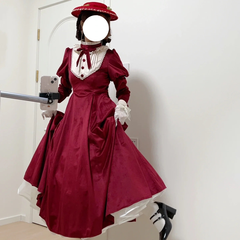 Gemstone Button Burgundy Long Lolita Dress, Autumn and Winter Slim Fit Plus Size Vintage Velvet New Year Outfit, Slimming Effect