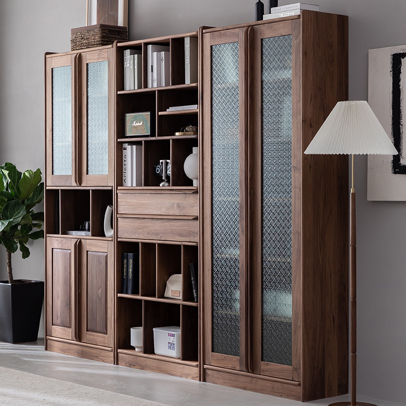 Solid wood combination bookcase custom black walnut cabinet light luxury modern floor office bookcase log Chinese style bookcase