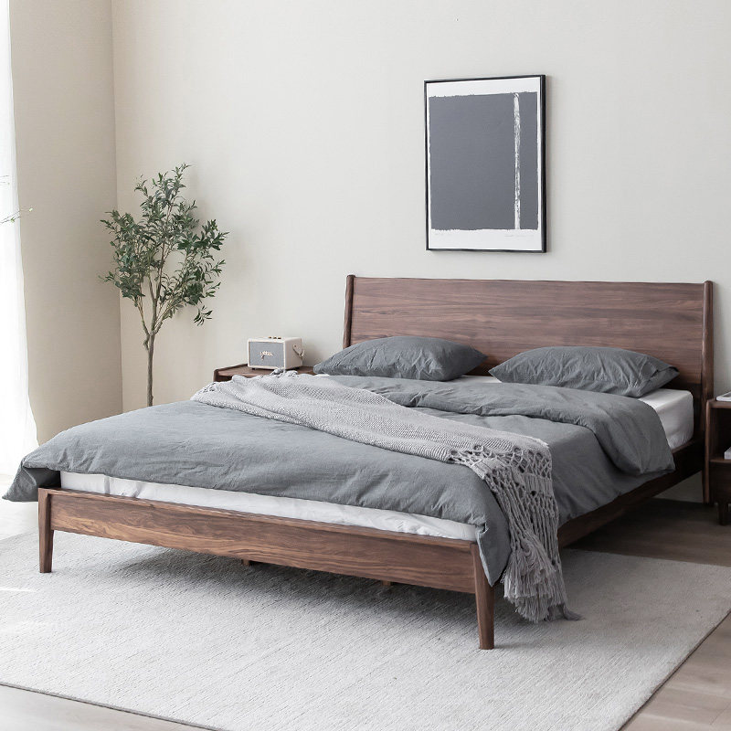 Nordic Solid Wood Bed North American Black Walnuts Wood Double Man Bed Cherry Wood Wedding Bed Master Bedroom Modern Minimalist Log Ideostyle Bed