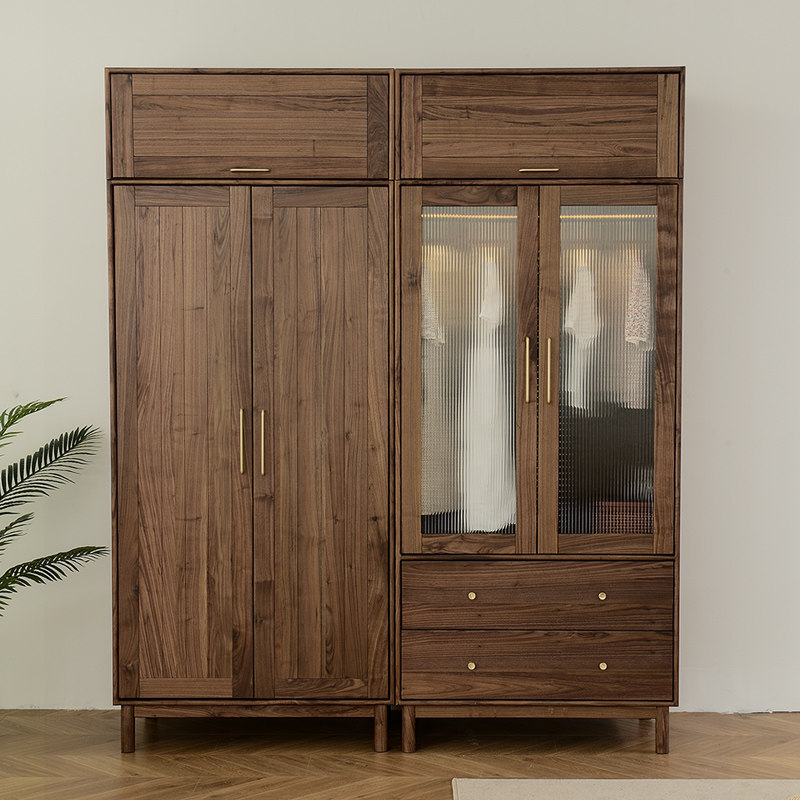 Nordic solid wood wardrobe home bedroom storage storage cabinet factory direct sales Japanese black walnut log wardrobe