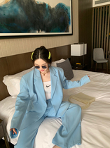 2021 spring new oversize wide shoulder suit wide tie milk blue loose casual blazer women