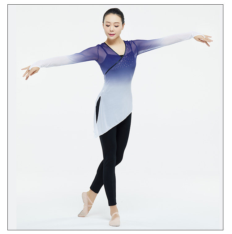 Classical practice suit set refers to diamond-studded gauze ballet dance practice suit adult body suit gradient color body rhyme mesh