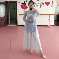 Classical dance practice Trumpet Sleeves Cardiovert elastic mesh yarn Feminine Blouse Dance Body Rhyme Ballet Yoga dress