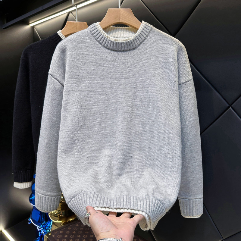 Light Gray Faux Two-Piece Sweater for Men, Winter Thickened, Mature and Stable Men's Style, Inner Layer Base Shirt, Crew Neck Knitwear
