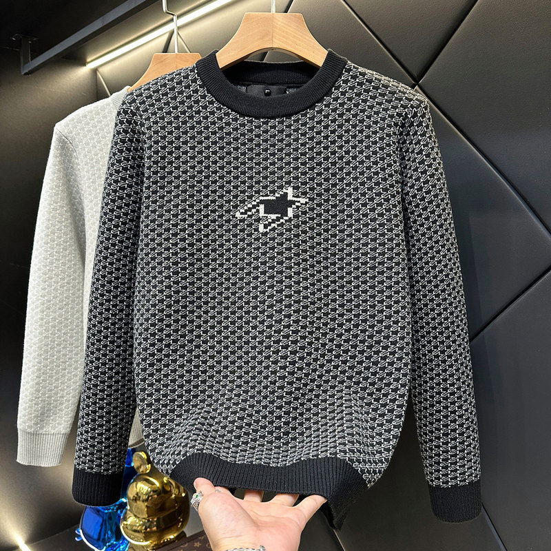 Houndstooth Knit Sweater Autumn and Winter Men's Round Neck Thickened Korean Style Slim Fit Versatile Plaid Long-Sleeve Base Shirt Houndstooth Knit Sweater Autumn and Winter Men's Round Neck Thickened Korean Style Slim Fit Versatile Plaid Long-Sleeve Base Shirt