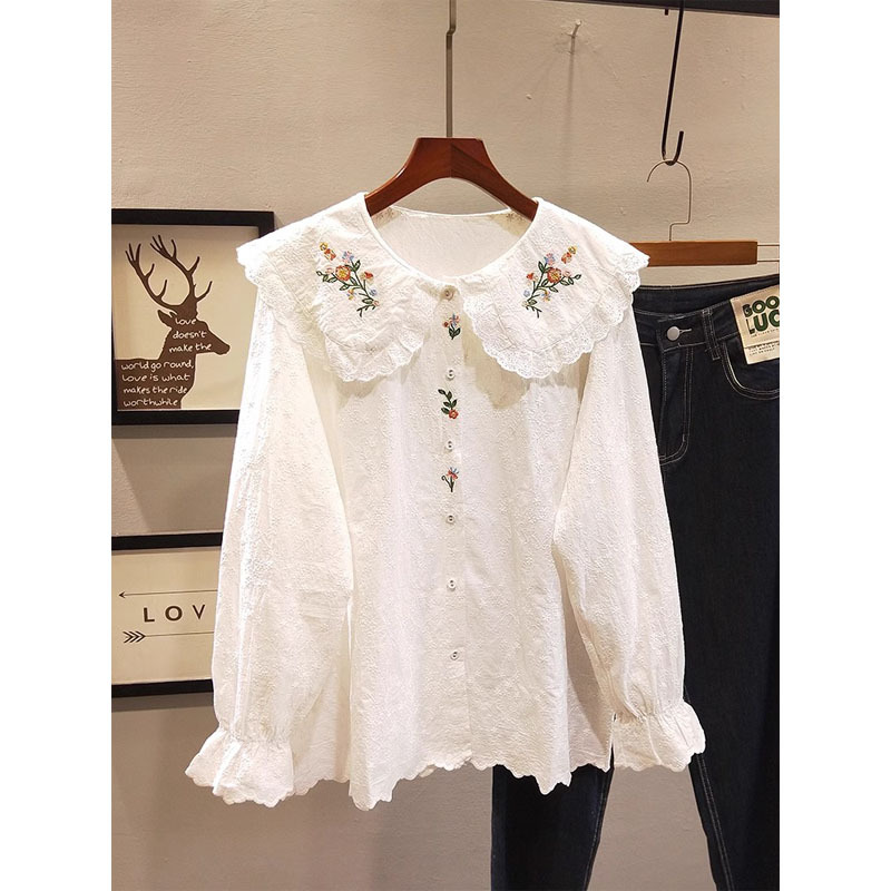 French Retro Exquisite Doll Collar Embroidered Shirt for Women, New Spring Style, Sweet, Loose, Age-Reducing, Versatile Long-Sleeved Shirt