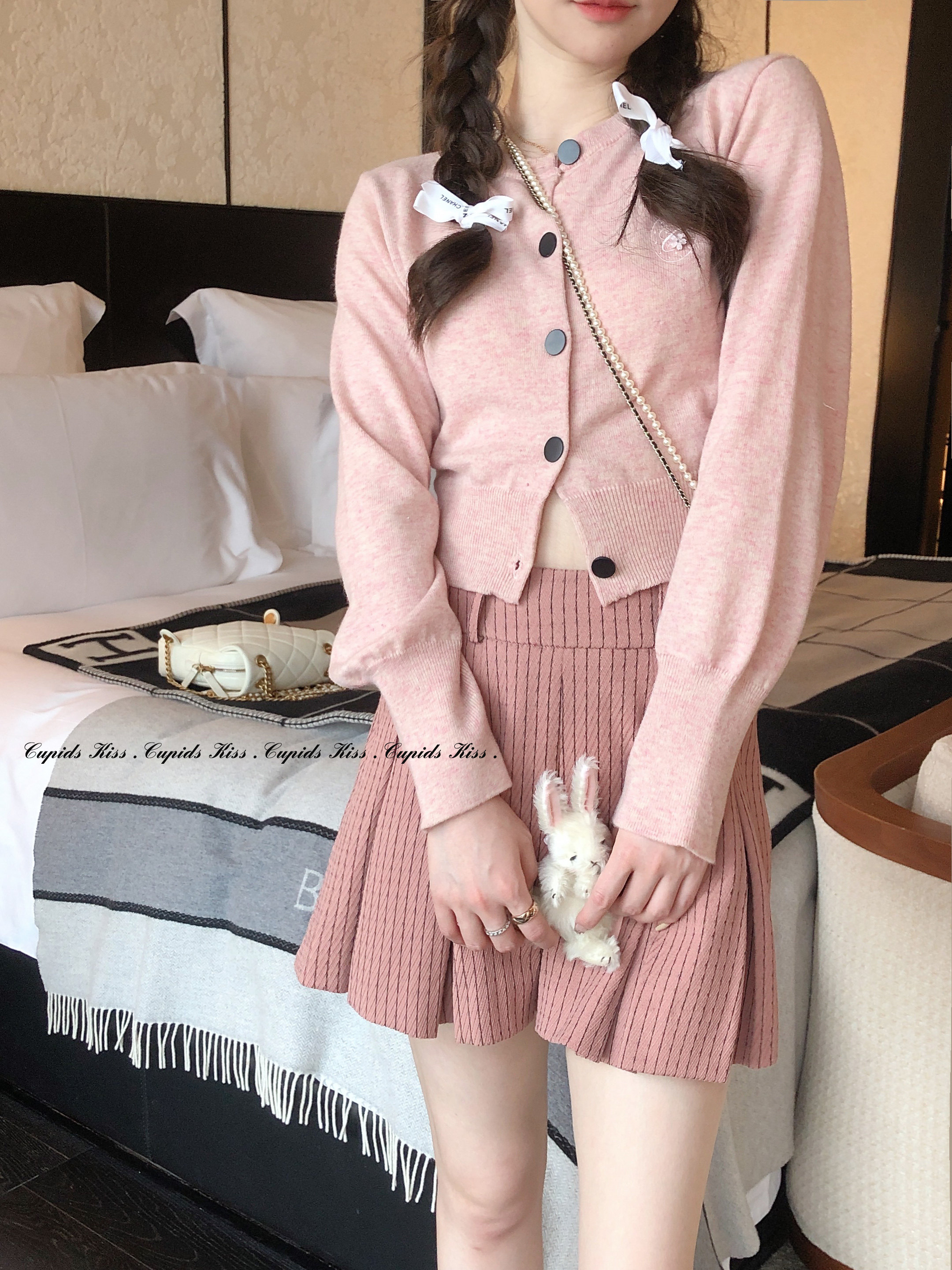 csk chubitt small nay cat pink knit cardiovert woman short blouses blouses embroidered round collar spring crochets