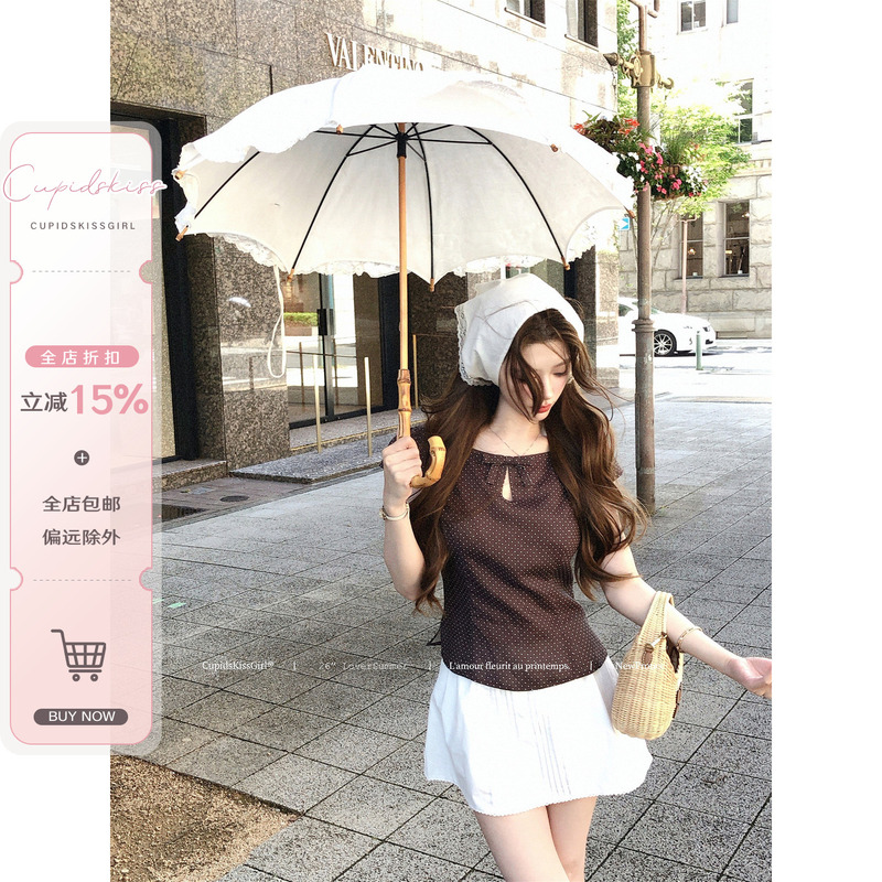Csk Cupid's "Rich Chocolate Bow Choco" Polka Dot Patchwork Short-Sleeved T-Shirt with Water Drop Neckline for Summer