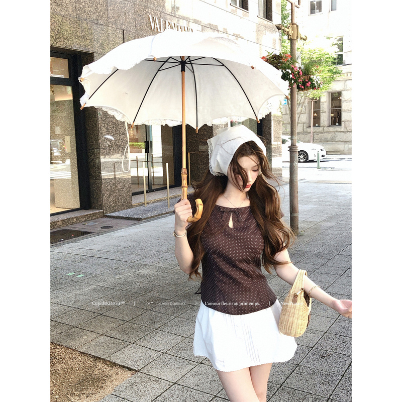 Csk Cupid's "Rich Chocolate Bow Choco" Polka Dot Patchwork Short-Sleeved T-Shirt with Water Drop Neckline for Summer Csk Cupid's "Rich Chocolate Bow Choco" Polka Dot Patchwork Short-Sleeved T-Shirt with Water Drop Neckline for Summer