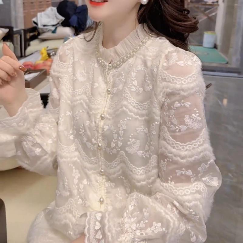 Новый китайский стиль, национальный стиль, женский темперамент, тяжелая промышленность, вязаная полая кружевная рубашка, женская осенне-зимняя нижняя рубашка, шикарный топ