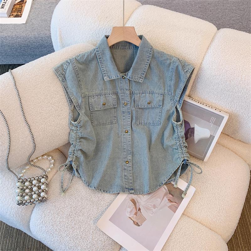 Fly-Sleeve Denim Shirt for Women, Summer Thin Outerwear Jacket, Petite Vest, Sleeveless Vest, Small Waistcoat
