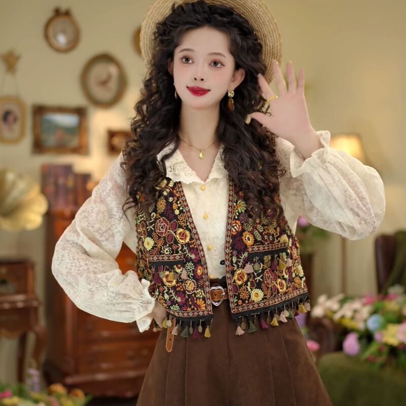 New Two-Piece Set with Ancient Town Style Tassels, Vintage Embroidery, Short Vest for Women, V-Neck Outerwear, Sleeveless Top