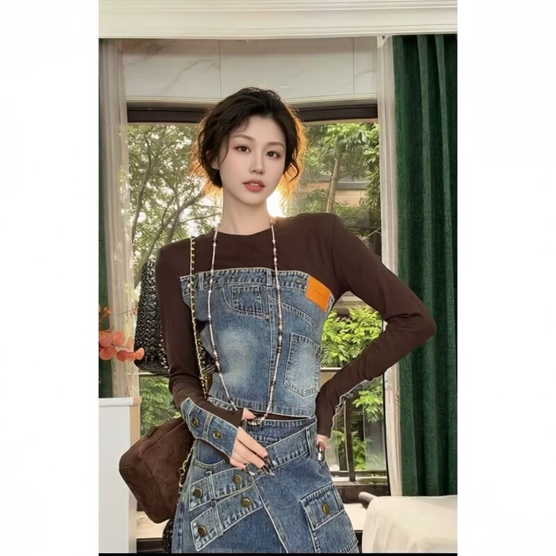 Early Autumn New Design Denim Patchwork Long-Sleeve T-Shirt, Fashionable Color-Blocking Slim-Fit Top