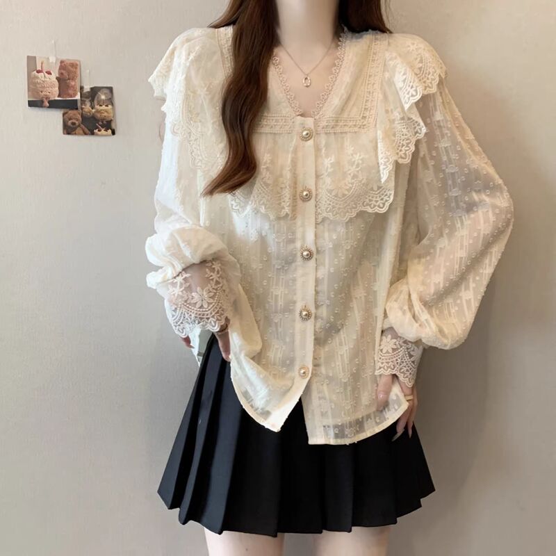 French-Style Long-Sleeved High-End Lace Shirt, New Spring and Autumn Women's Clothing, Slimming, Belly-Covering, V-Neck Base Top French-Style Long-Sleeved High-End Lace Shirt, New Spring and Autumn Women's Clothing, Slimming, Belly-Covering, V-Neck Base Top