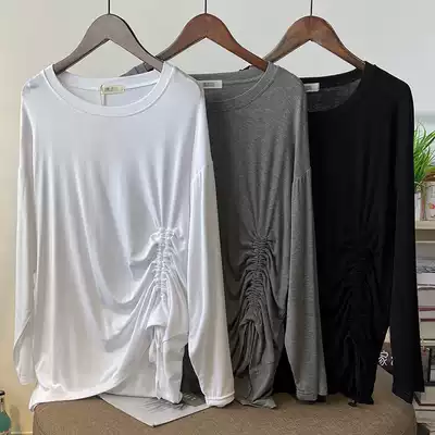2021 new spring and autumn modal pleated mid-length long-sleeved T-shirt women's loose hanging bottoming shirt tide top