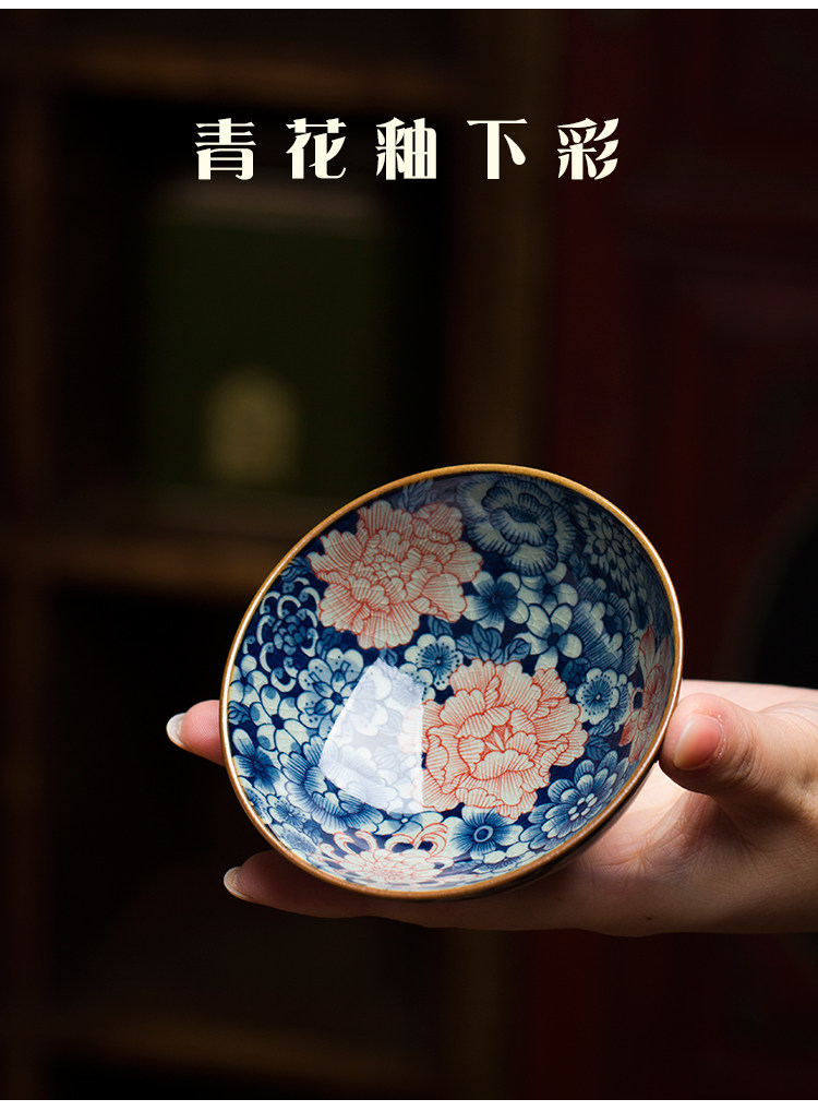 景德鎮柴燒老陶泥手繪青花萬花主人杯茶杯柴窯全手工滿工品茗杯|茶杯