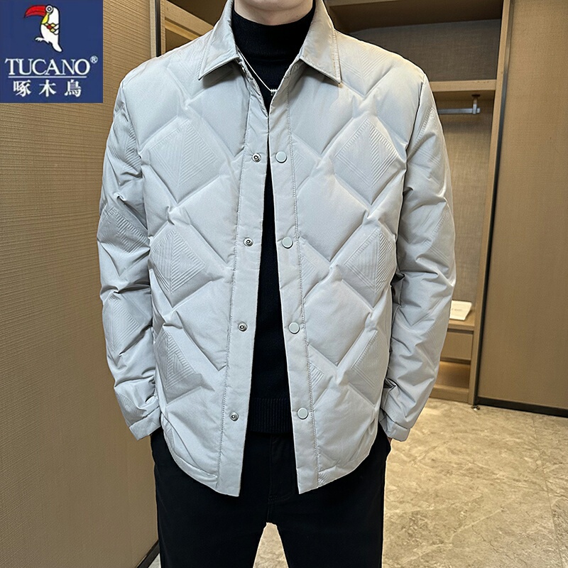 Woodpecker down Jacket for Men, Lightweight Short Style, Loose Fit, Korean Version, Winter Casual Turn-Down Collar, White Duck Down, New Warm Coat
