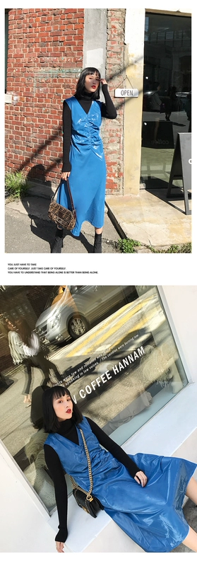 WEINISIAN retro mùa thu và váy mùa đông bằng da V-cổ 2018 mới váy da mùa đông nữ trên đầu gối váy suông dài qua gối