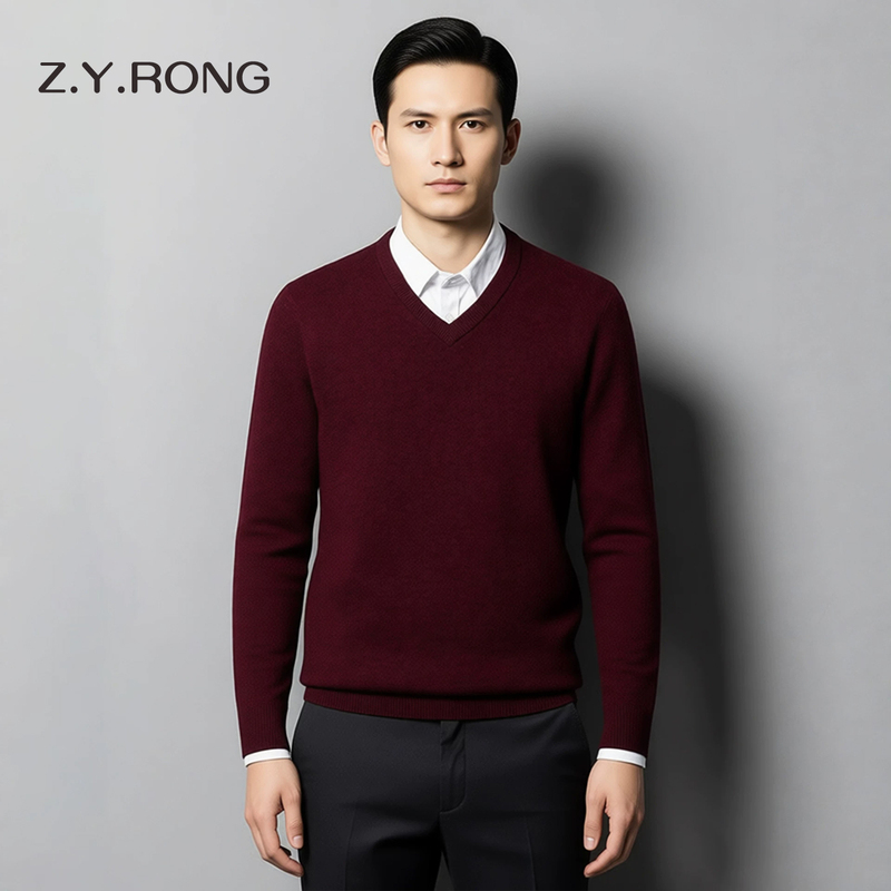 Ordos City Men's 100% Wool Sweater with Sweetheart Collar, Spring and Autumn Medium-Thick V-Neck Sweater, Dad's Knitwear for Men