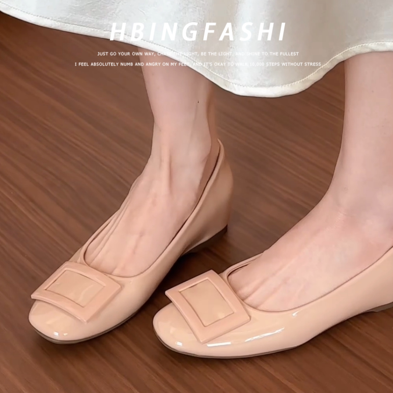 Super Soft ~ 5cm Hidden Heel Nude Mary Jane Shoes French Square Buckle Evening Shoes for Petite Women Shallow Mouth Commuting Flats