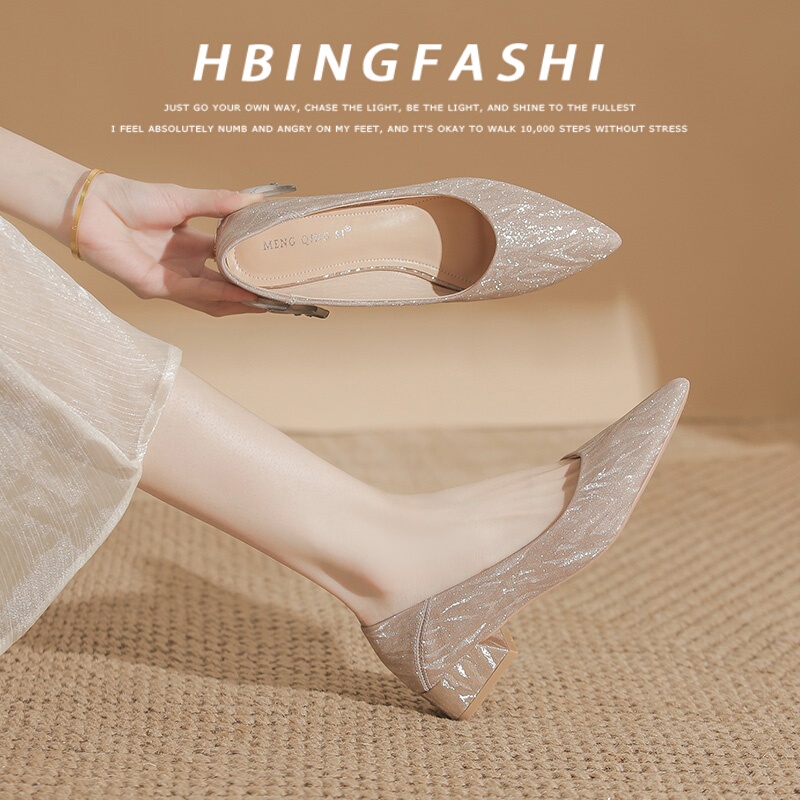 Super White~ Chunky Low Heel Pointed Toe Shoes Bridesmaid Shoes Champagne Gold Cheongsam High Heels Wedding Shoes Bride Shoes 3cm