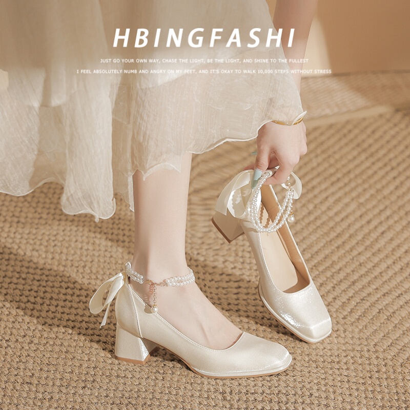 French Mary Jane Wedding Shoes, Chunky Heel Flats for Women, Mid-Heel Bridesmaid White Bridal Cheongsam High Heels, Wedding Dress Shoes That Are Comfortable and Not Tiring
