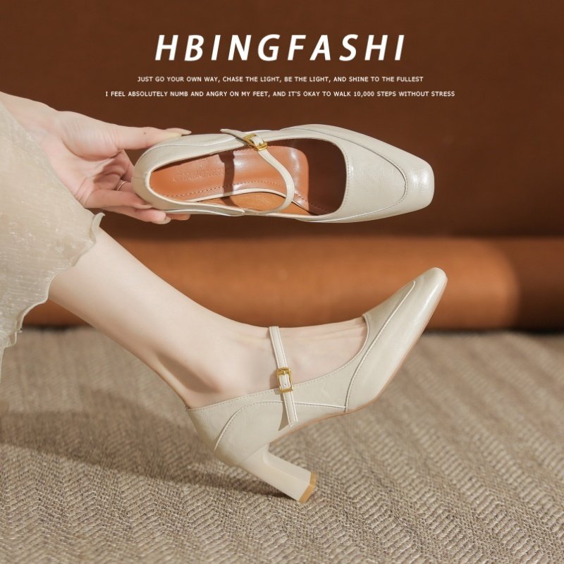 Super soft~ Elegant Mary Jane high heels for women, perfect for commuting, one-strap square toe chunky heel, comfortable for cheongsams.
