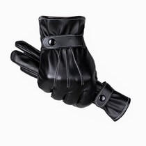 Leather cycling male Winter touch screen windproof plus velvet thickened gloves warm autumn winter tram Black thin cycling