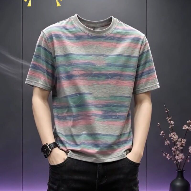 High-End Gradient Striped Thin T-Shirt with Unique Style, Slimming Effect, Casual Versatile Trendy Colorful Men's Top High-End Gradient Striped Thin T-Shirt with Unique Style, Slimming Effect, Casual Versatile Trendy Colorful Men's Top