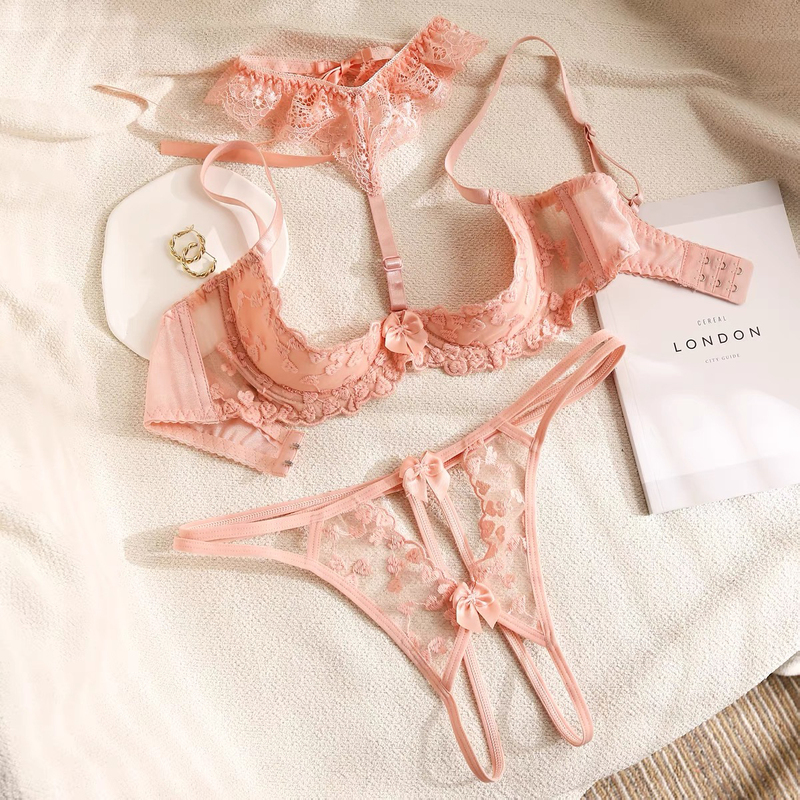 Pink Lace Half-Cup Underwire Qqny Sleepwear Halter Lingerie Set Bra Quarter Cup Hollow-Out Bra