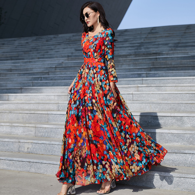 锦绣媛长袖连衣裙女2021春季新款时尚轻奢名媛气质显瘦雪纺沙滩裙