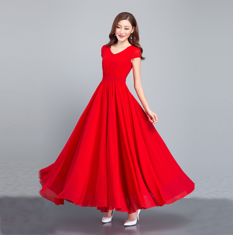 Dress for Women 2026 Summer New Slim-Fit Chiffon Long Skirt with Large Hem V-Neck Bohemian Skirt Elegant Beach Dress