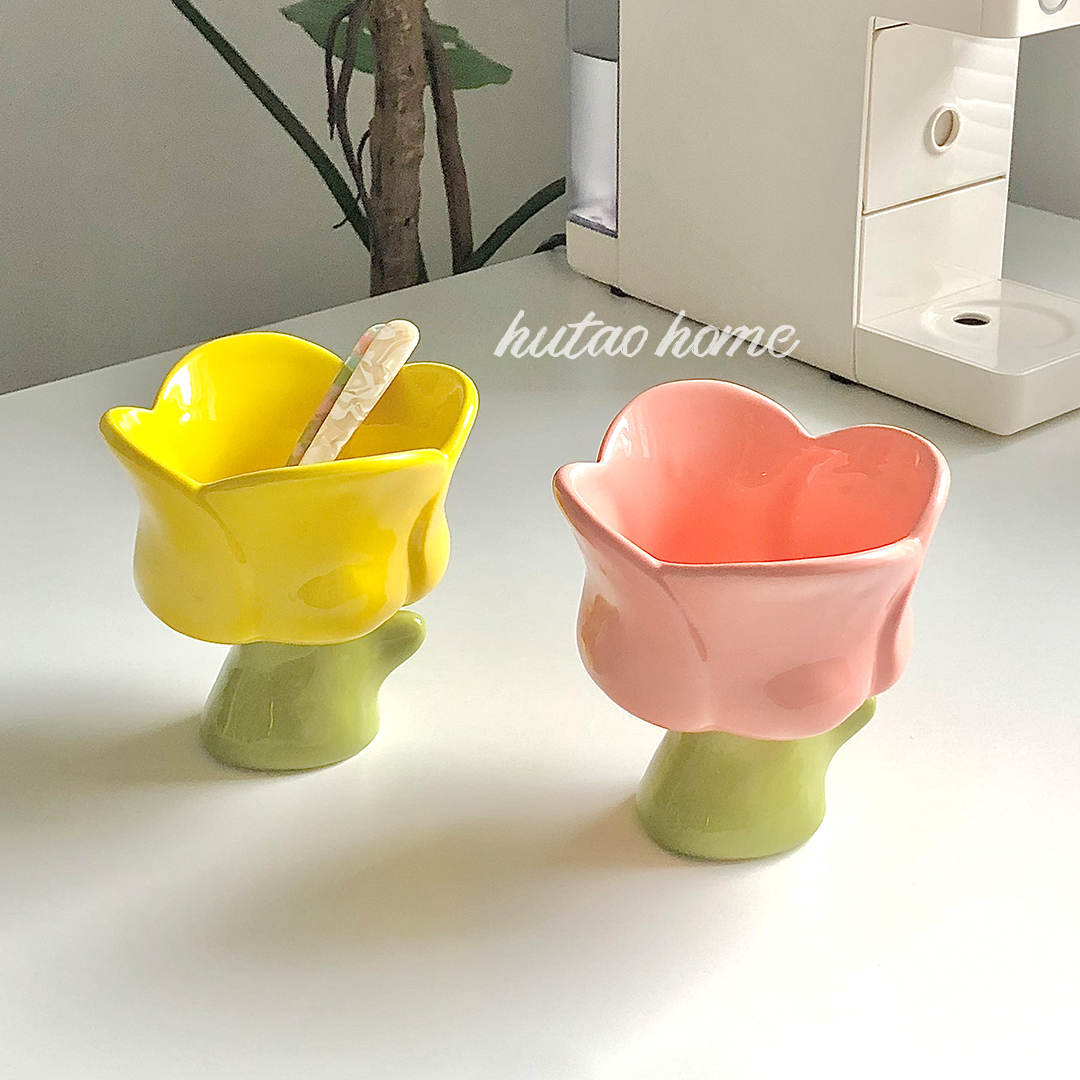 ins wind Korean style teenage girl's heart knead tulip glaze lower color salad bowl yogurt bowl of fruit bowl pink irregular