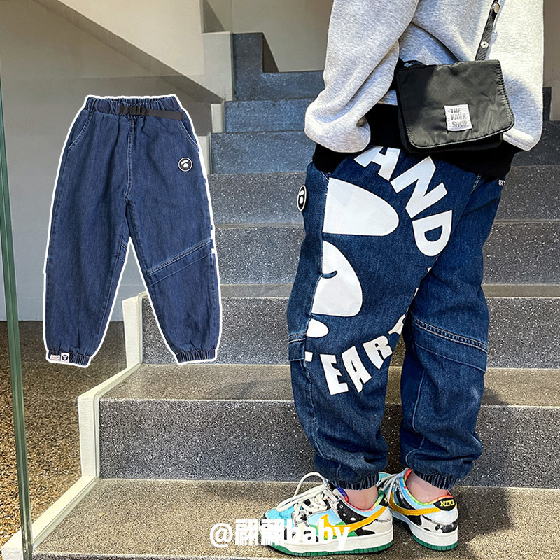25 Spring, Autumn, and Winter New Japanese Style Trendy Brand Boys' Clothing Pure Cotton Large Print Loose Workwear Jogger Denim Pants